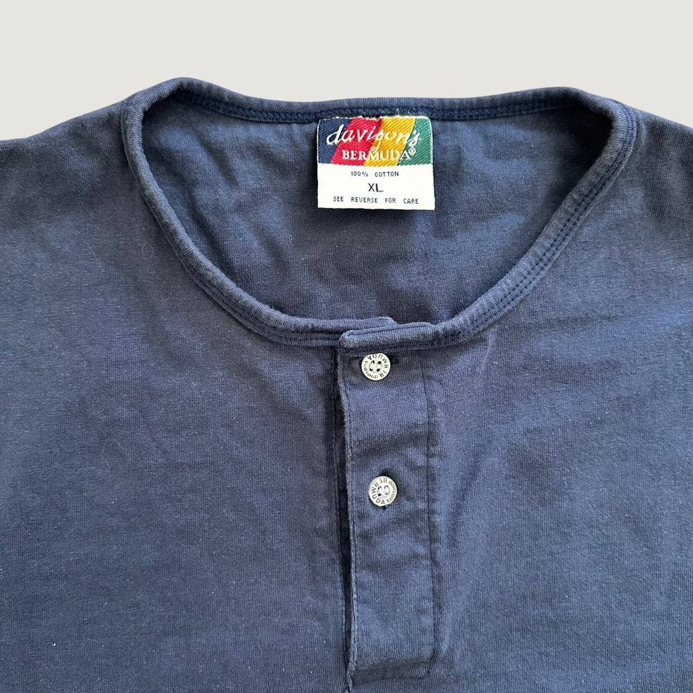 Vintage Davisons Bermuda Blues Henley Shirt Navy Blue Cotton Embroidered XL Mens